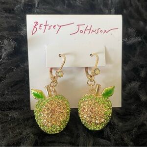 Betsey Johnson Gold Tone Green Apple Dangle Earrings NWT